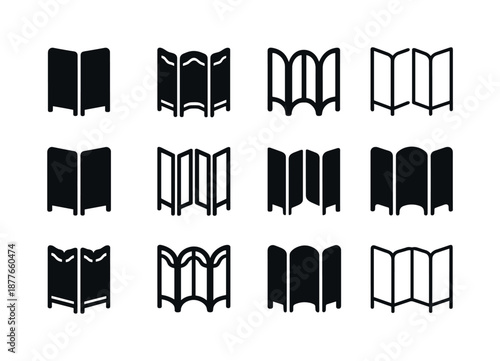 Folding Screen Logos. Folding screen. Icon set. Set Logo of folding screen: hinged wood frame. harmonious logo variations of the same emblematic concept, each