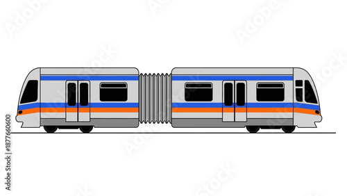 Modern subway train with blue and orange stripes on a sleek track