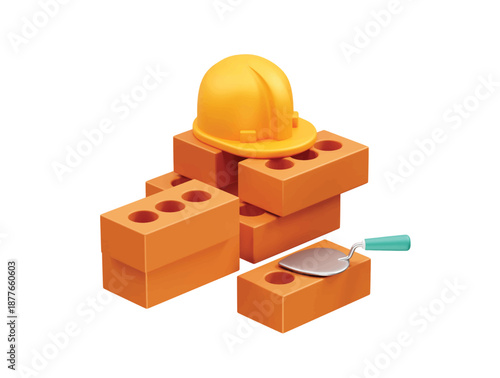 Construction Building Materials and Tools bricks trowels icon illustration 3d