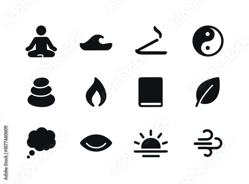 Meditative Icon Set. Meditative icons. Solid icon set of Meditative icons: lotus position, calm wave, incense stick, yin yang, pebble stack, soft flame,