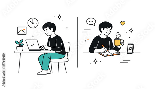 Minimalist Work-Life Balance. Balanced minimal lifestyle at work. Person combining work and short break with coffee and notes, calm rhythm and comfort. Few