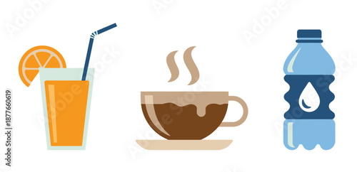 Refreshing drinks collection with orange juice, hot coffee, and water bottle, vector illustration for beverage menus, café branding, packaging, digital design, and professional creative resources.