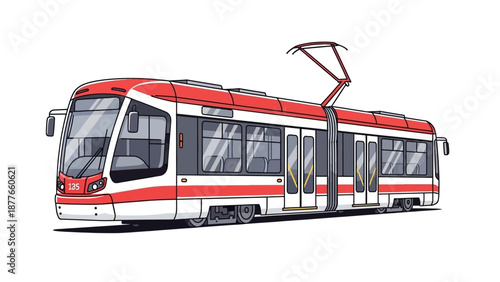 Modern tram traveling on urban infrastructure with overhead electrification, viewed from the side