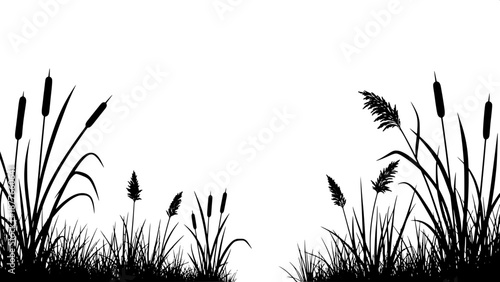 “Nature silhouette graphics, aquatic plants and grasses, cattails, fern leaves, high contrast black art”