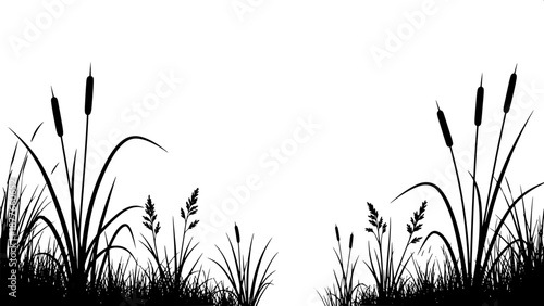 “Nature silhouette graphics, aquatic plants and grasses, cattails, fern leaves, high contrast black art”