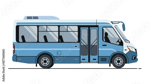 Illustration of a blue bus driving on a road from a side viewpoint