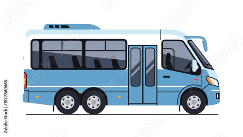 A blue bus stands ready for passengers on a plain white background from a side viewpoint