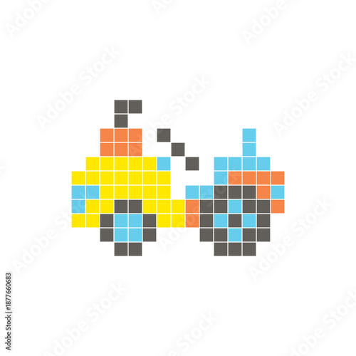 A flat pixel design made of geometric square color blocks on a clean icon layout. Pixel art tractor