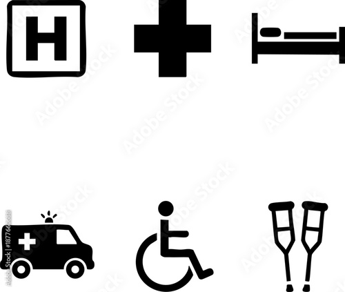 Set of 6 Minimalist Pharmacy Icons Flat Black Silhouettes Pills Syrup Mortar