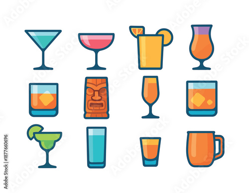 Colorful Cocktail Icons. Cocktail glasses. Colorful flat vector icons set of cocktail glasses: martini glass, coupe glass, highball glass, hurricane glass,