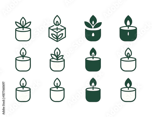 Eco-Friendly Candle Logos. Candle making with eco-friendly wax. Icon set. Set Logo of candle making with eco-friendly wax: wooden wick. harmonious logo