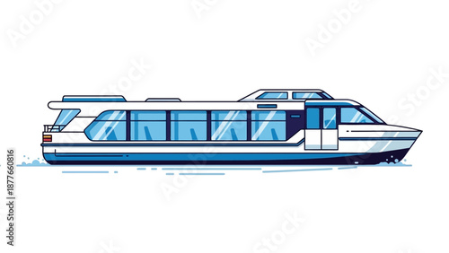 A sleek white and blue boat glides smoothly across the calm water, viewed from the side.