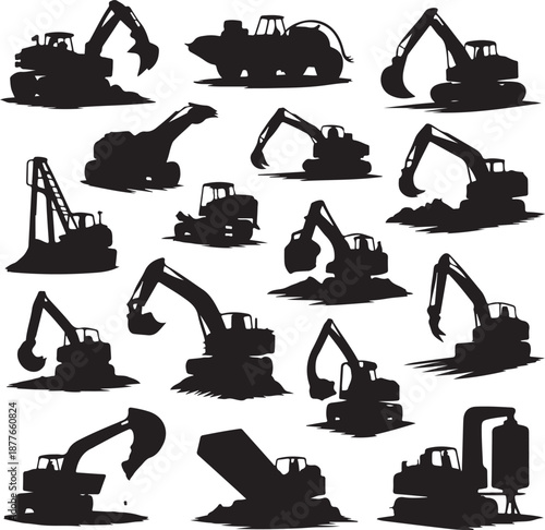 collection of excavator silhouettes on white background