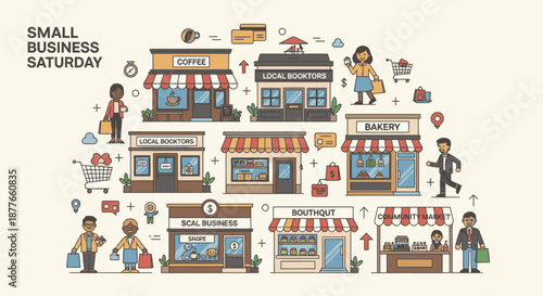 Small Business Saturday Illustration with Shops and People.