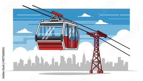 Cable car suspended high above cityscape with red support tower against blue sky