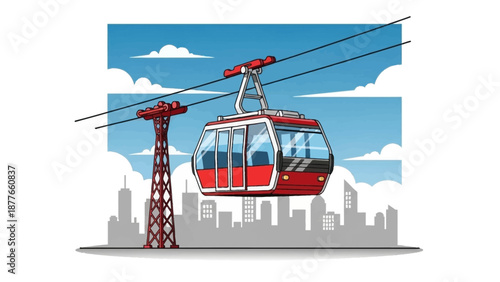 A red cable car travels over a cityscape with a blue sky and white clouds