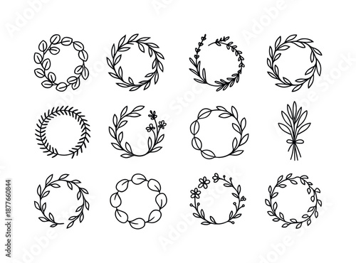 Botanical Wreath Icons. Botanical wreaths. Line icon set of Botanical wreaths: eucalyptus leaves, olive branch, lavender sprig, rosemary ring, fern loop,