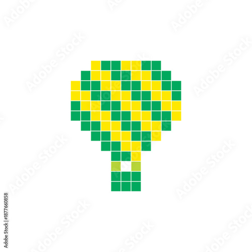 A flat pixel design made of geometric square color blocks on a clean icon layout. Pixel art hot air balloon