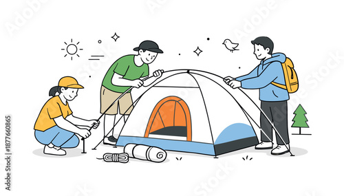 Collaborative Tent Setup. Friends setting up tent. Friends working together to assemble a camping tent, calm cooperation and shared outdoor effort. Minimalist
