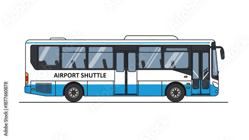 An illustration of an airport shuttle bus viewed from the side, showcasing its blue and white design on a plain white background.