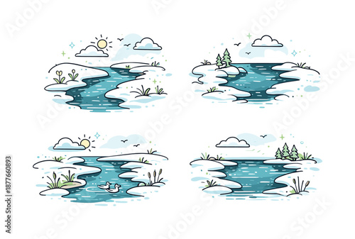 Thawed Waterways Scene. Thawed Rivers and Lakes. Snow melting along river edges, exposing dark water beneath. Soft hopeful mood with natural seasonal change.