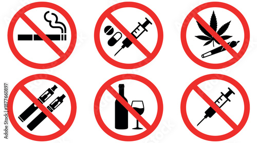 Forbidding Vector Signs collection of red prohibited icons for vaping and substance control