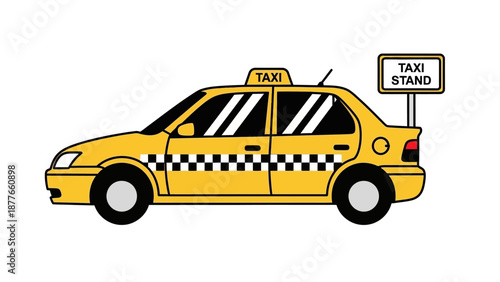 Yellow taxi cab waiting at taxi stand on a clear day