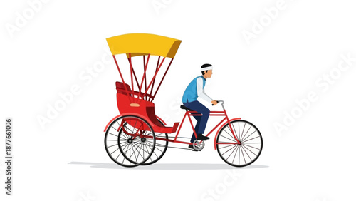 Man Riding Red Tricycle with Yellow Canopy against White Background