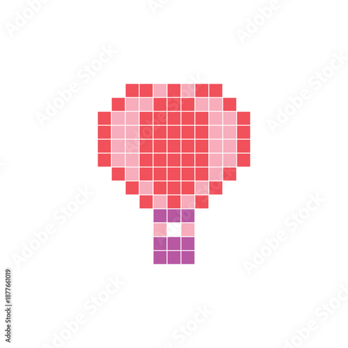 A flat pixel design made of geometric square color blocks on a clean icon layout. Pixel art hot air balloon