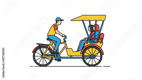 Man riding a bicycle with a yellow tricycle attachment carrying two passengers