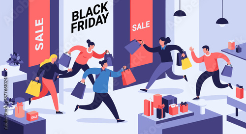 People Running with Shopping Bags during Black Friday.