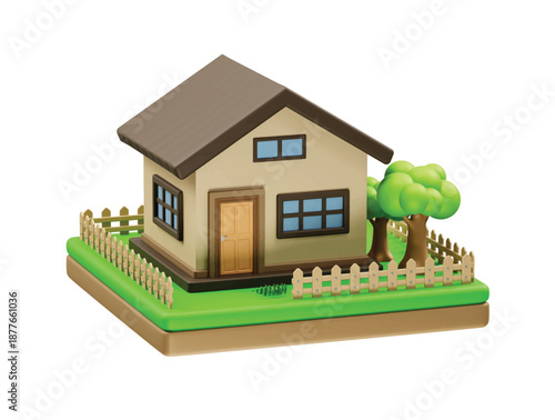 House with Fence and Trees icon 3d rendering illustration