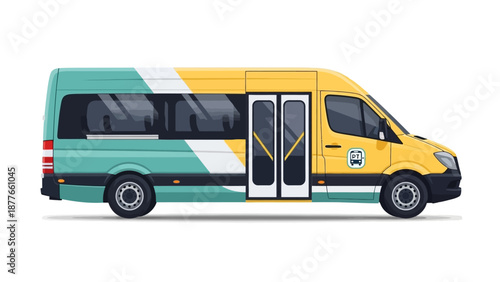 A vibrant yellow and teal minibus with open doors is captured from a side viewpoint on a white background.