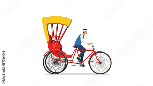 Man Riding Red Rickshaw Bicycle with Yellow Canopy on White Background