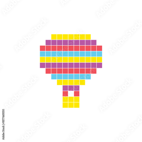 A flat pixel design made of geometric square color blocks on a clean icon layout. Pixel art hot air balloon