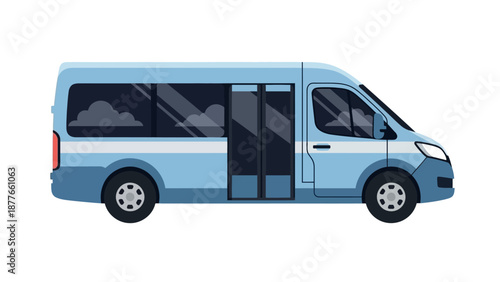 A light blue minibus is viewed from the side on a white background