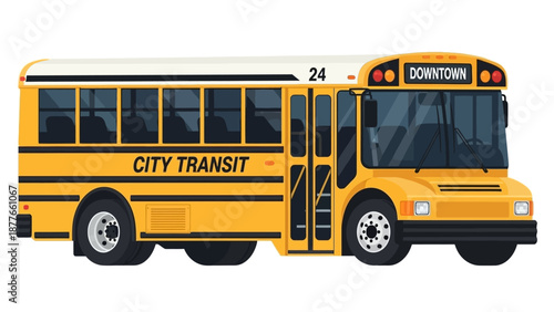 A bright yellow city transit bus driving down the road with downtown destination sign on a clear day from a side view