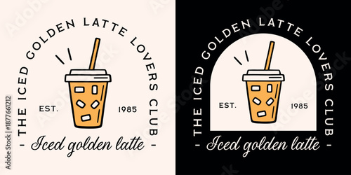 Iced golden latte logo turmeric milk lovers club girl shirt design fancy retro vintage yellow aesthetic. Wellness summer fresh drink takeaway cup outline drawing printable label sticker poster print.