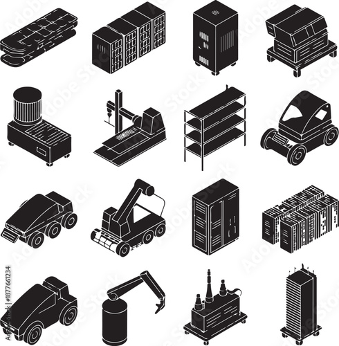 collection of industrial and construction vehicles and machinery icons
