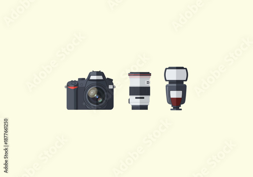 Vector Flat Concept Flat vector icon set of professional photography gear - a DSLR camera, telephoto lens, and an external speedlight flash.