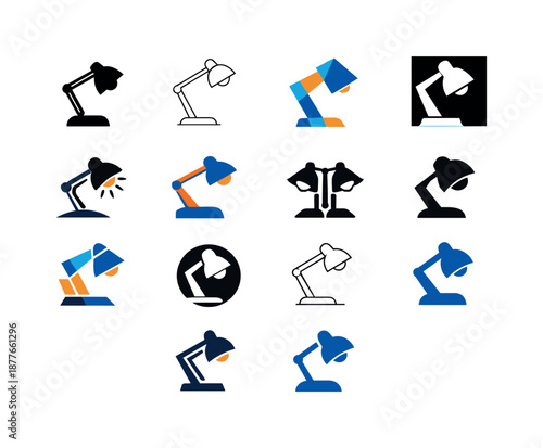 Freelancing Lamp Logos. Freelancing. Icon set. Set Logo of freelancing: desk lamp. harmonious logo variations of the same emblematic concept, each with