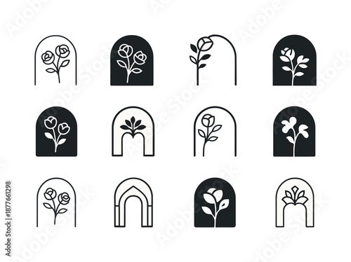 Wedding Icon Set. Wedding decor and celebration ideas. Icon set. Set Logo of wedding decor and celebration ideas: wedding arch with florals. harmonious logo