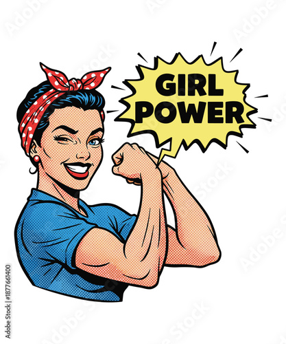 Empowered woman flexing arm with girl power message