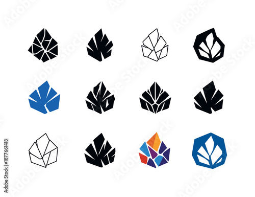 Abstract Shard Icons. Shard. Icon set. Set Logo of shard: fractured polygon shard. harmonious logo variations of the same emblematic concept, each with