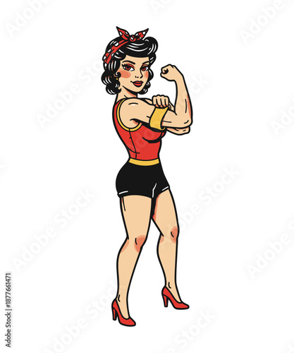 Confident woman flexing muscles in red and black outfit