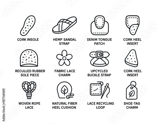 Eco-Friendly Shoe Icons. Sustainable and upcycled fashion accessories. Line icon set of eco-conscious footwear accents: cork insole, hemp sandal strap,