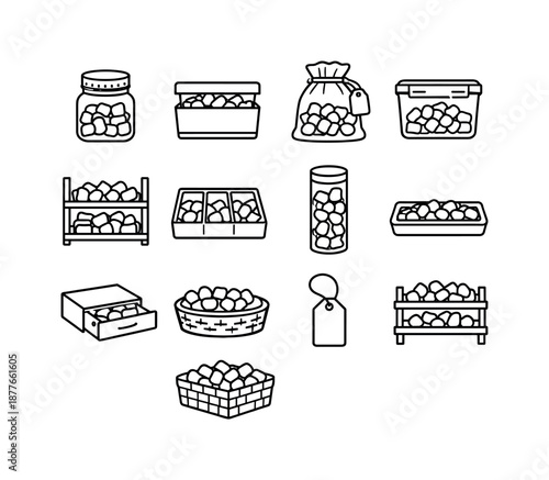Cork Storage Icons. Cork Storage. Line icon set of Cork Storage: cork jar, cork container box, labeled cork bag, sealed storage bin, shelf container, cork