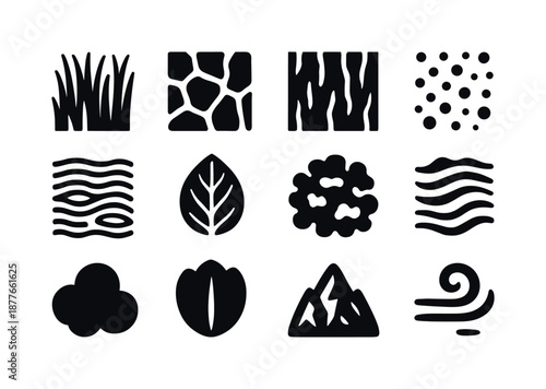 Valley Texture Icons. Valley textures. Solid icon set of Valley textures: grass texture, rock texture, bark texture, soil pattern, water ripple, leaf vein,
