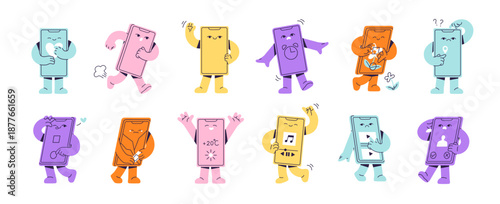 Set of colourful mascots of smartphone in different poses. Cute mobile phones with happy and sad face. Telephone characters are greeting, dancing, smiling. Flat isolated vector illustrations on white