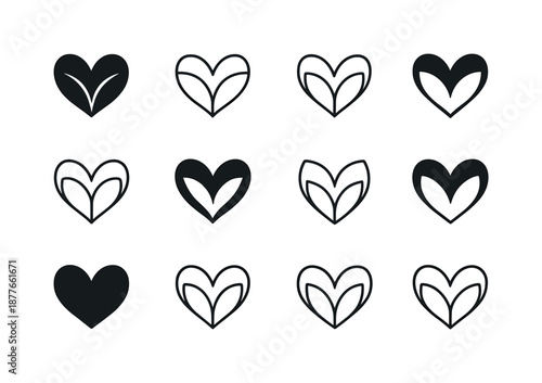 Heart Icons Grid. Open Heart. Icon set. Set Logo of Open Heart: Heart with unfolding petals: Filled silhouette, Minimal outline, Stylized detail, Iconic shape,